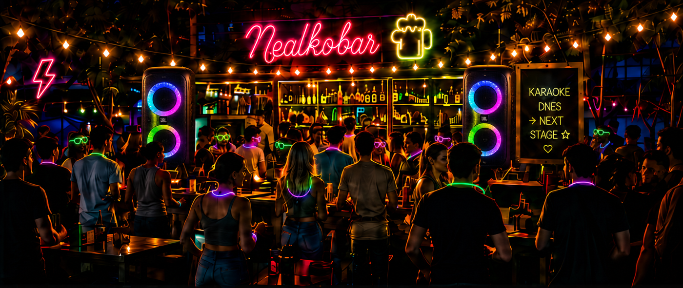 Večerní Nealkobar se svítícími reproduktory, neonovými doplňky a lidmi